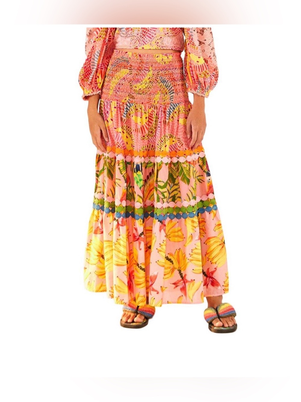 FARM Rio Dotted Bananas Pink Floral & Tropical Tiered Maxi Skirt - Picture 2 of 8